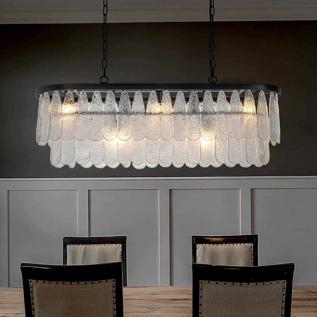 Vintage Textured Glass Chandelier Matte Black Rustic Art Glass Hanging Light