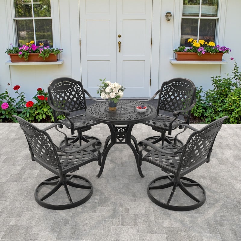 5-Piece Aluminum Round Outdoor Patio Dining Set, 4 Cushioned Swivel Chairs, Table, All-Weather Frames