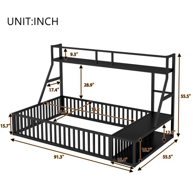 Roomfitters Full Size Metal Floor Bed with Fence, Loft Desk and Storage Shelves, Space-Saving Playhouse, Black