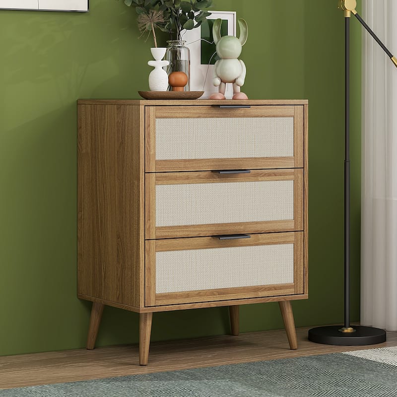 Rattan Nightstand with Solid Wood Legs, Living Room End Table with 3 Storage Drawer, Couch Side Table with Wooden Tabletop