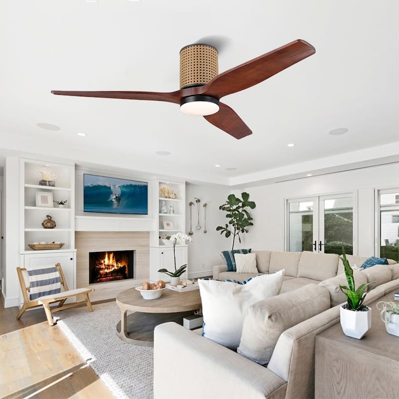 MLiAN 52 In. 3 Solid Wood Blades Flush Mount Ceiling Fan with Light Kit - 52"