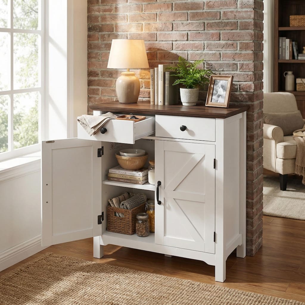 Homy Casa Farmhouse Buffet Cabinet with Drawer & Adjustable Shelf, Barn Door Sideboard