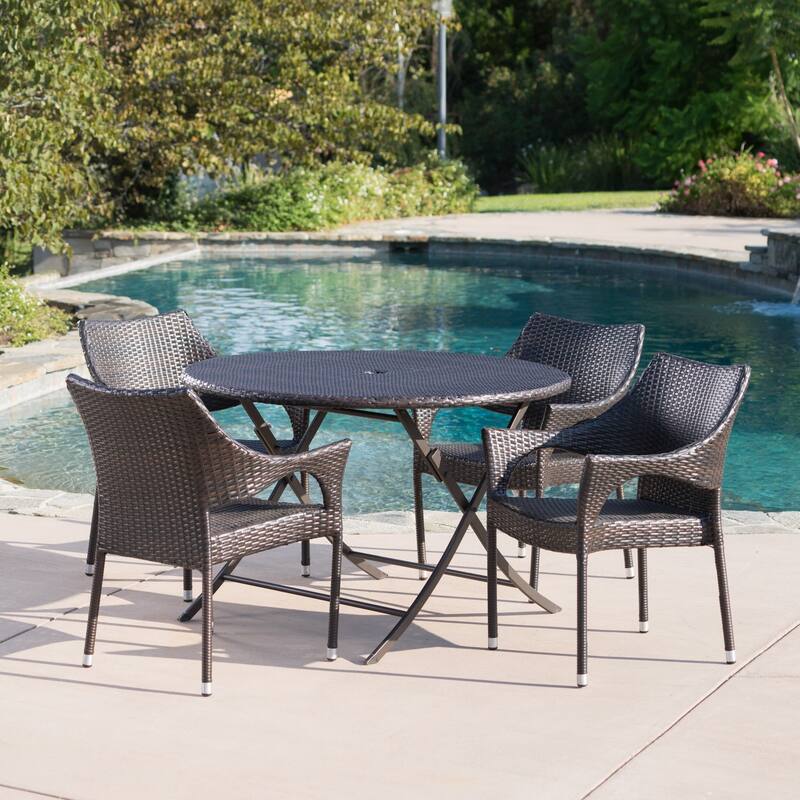 Kyler Outdoor 5-Piece Round Foldable Wicker Dining Set with Umbrella Hole by Christopher Knight Home