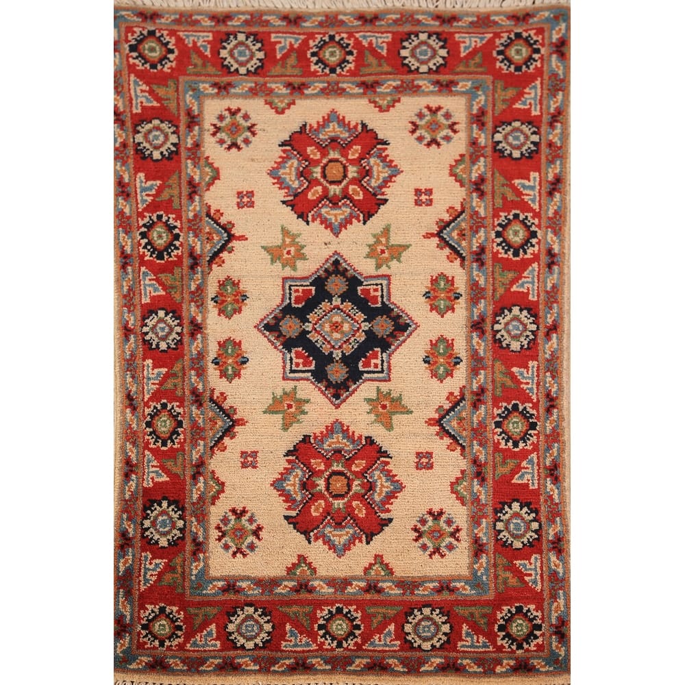 Geometric Kazak Oriental Foyer Rug Hand-Knotted Beige Wool Carpet - 2'0" x 3'0"