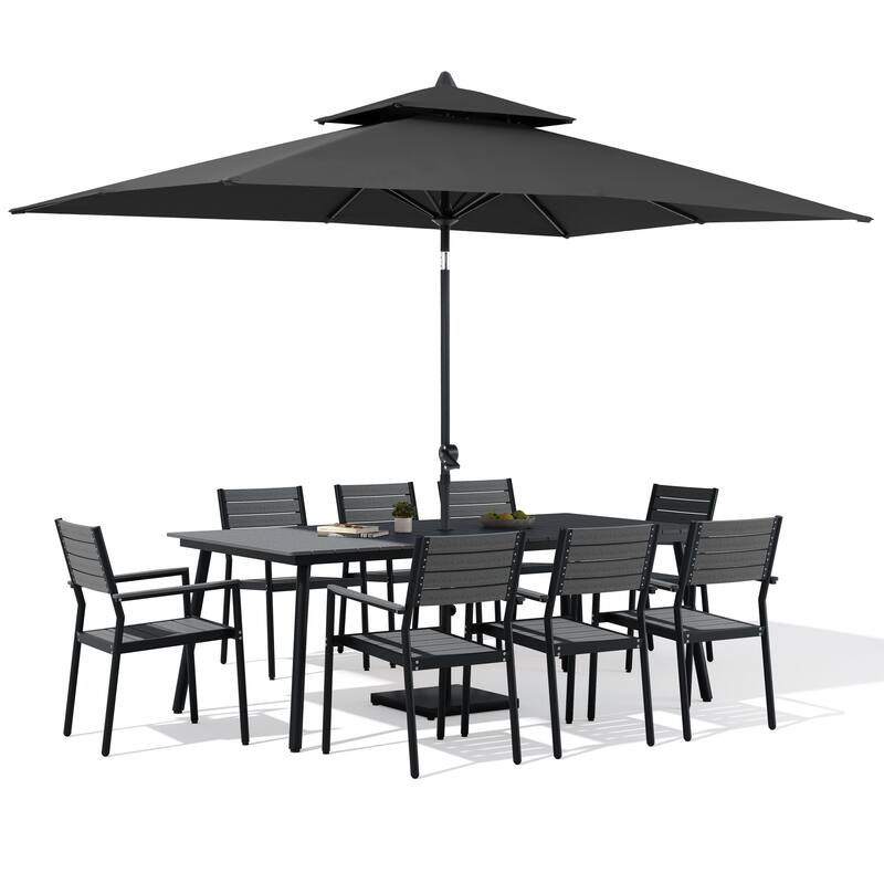 11-Piece Patio Dining Set w/10 ft Umbrella and Base, Rectangle Aluminum Table and 8 Stackable Chairs