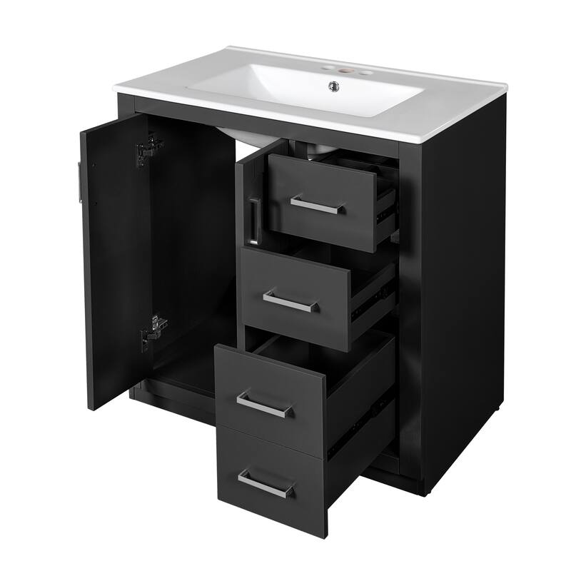 Bathroom Vanity with Ceramic Sink, Vanity Set with 3 Drawers and Doors, Bathroom Storage Cabinet with Solid Wood Frame