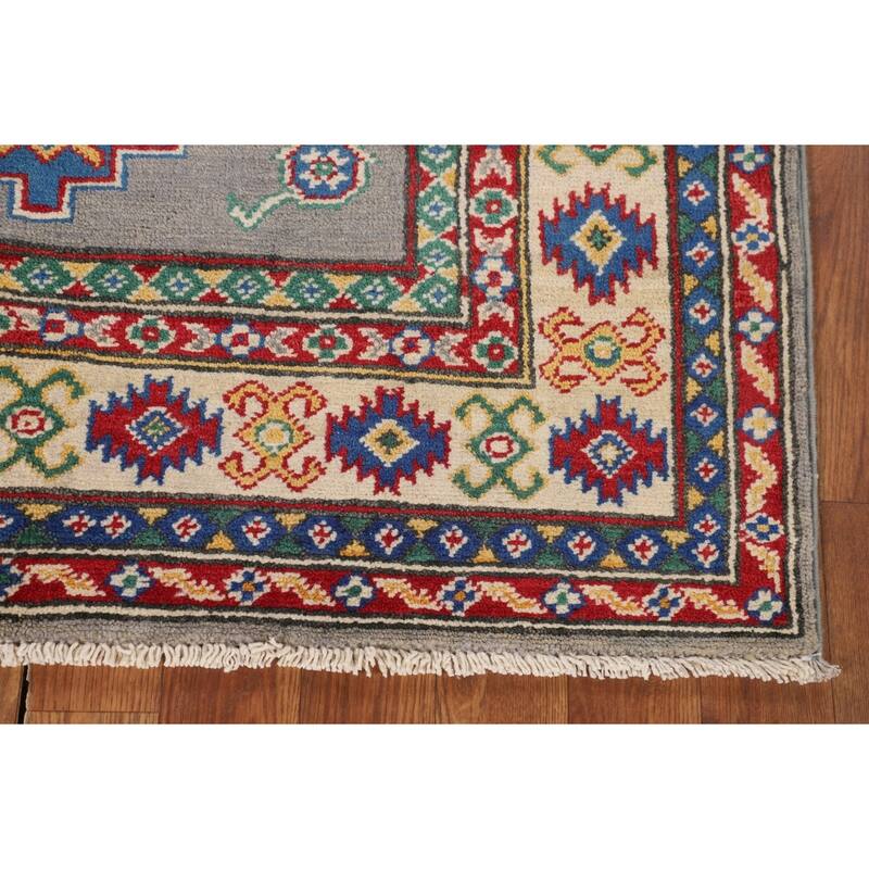 Gray Geometric Kazak Accent Rug Hand-Knotted Wool Carpet - 3'4" x 4'11"