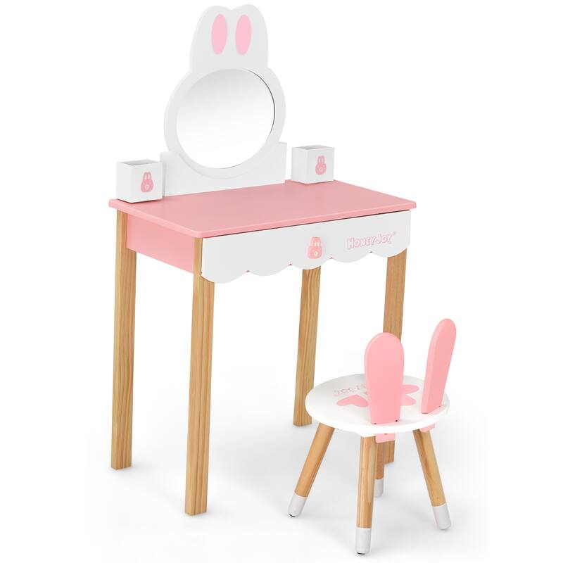 Costway Kids Vanity Set Rabbit Makeup Dressing Table Chair Set W/ - See Details