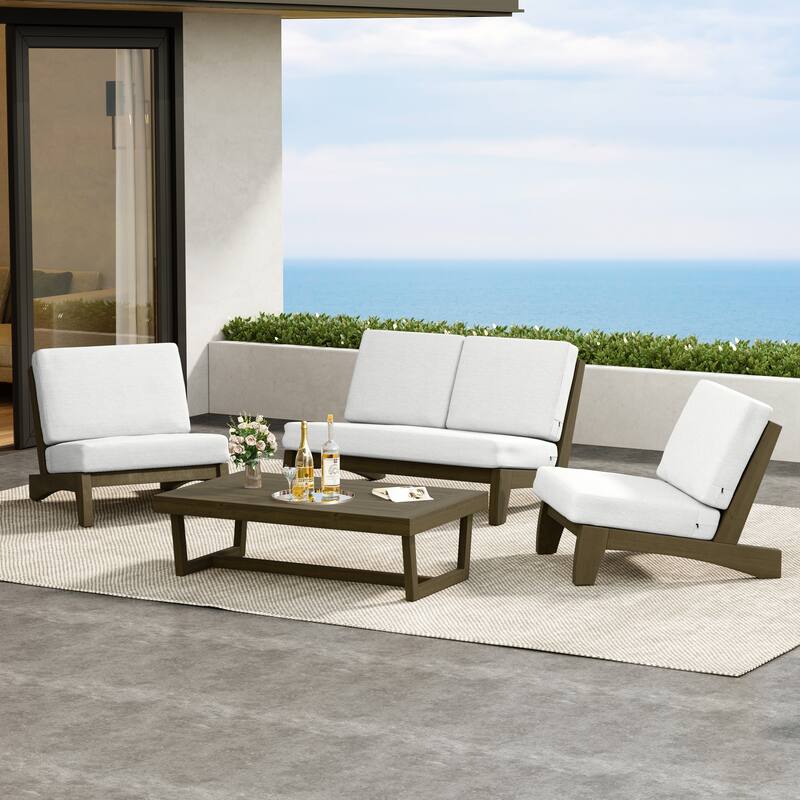 4 Pieces Wood Sectional Sofa Patio Conversation Set With Cushion