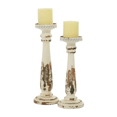 Wood Distressed Pillar Candle Holder - Set of 2 Brown - Roche River Decor