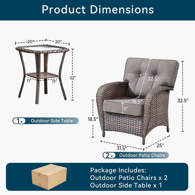 3 Pieces Outdoor Patio Chairs with Side Table All Weather