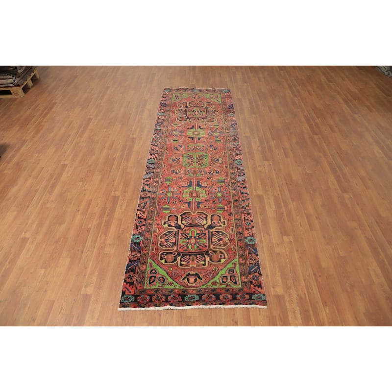 Hand Knotted Oriental 100% Wool Carpet Traditional Geometric Oranges & Rust Heriz Runner Rug - 11' 1'' X 3' 4''