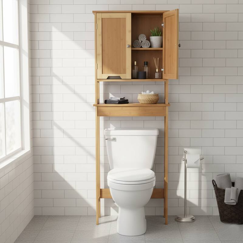 Bamboo Over The Toilet Storage Cabinet with Dual Doors and Open Shelf Mahe Collection - 23.10"L x 8.10"W x 68.4"H