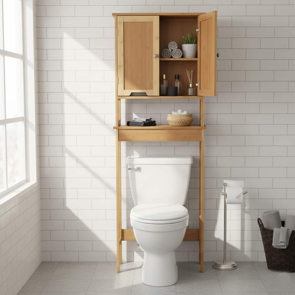 Bamboo Over The Toilet Storage Cabinet with Dual Doors and Open Shelf Mahe Collection - 23.10"L x 8.10"W x 68.4"H