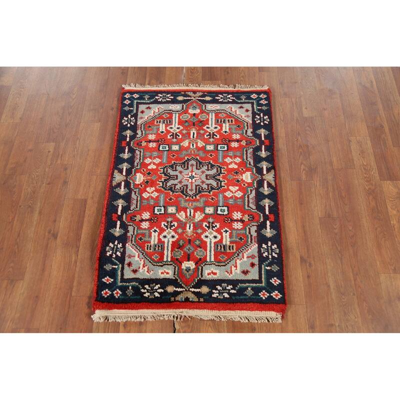 Orange Geometric Kazak Indian Accent Rug Hand-Knotted Wool Carpet - 2'0"x 3'0"