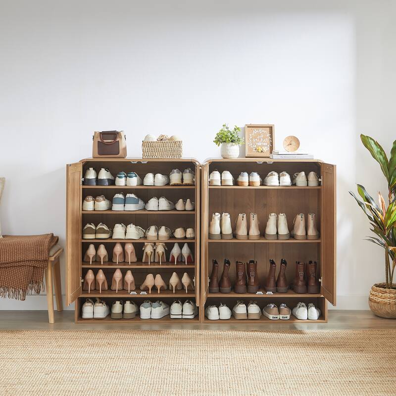 Rattan Shoe Cabinet with Doors & Open Bottom Shelf, Shoe Storage Cabinet with Adjustable Shelves, Wooden Shoes Rack Organizer