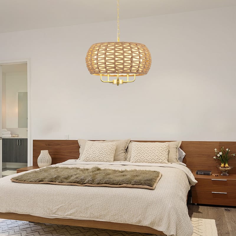5-Light Hemp Rope Candlestick Hanging Linear Chandelier Lighting with Cloth Cover for Kitchen Island