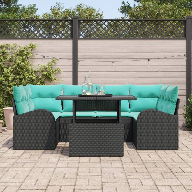 vidaXL 7 Garden Sofa Set with Cushions Black/Brown/Grey Poly Rattan - 92.1 x 48.8 x 27.2