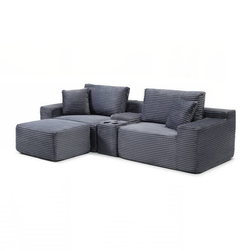 Modular Sectional Sofa, Deep Seat Corduroy Cloud Couch with Cup Holders, USB Ports & Storage Box
