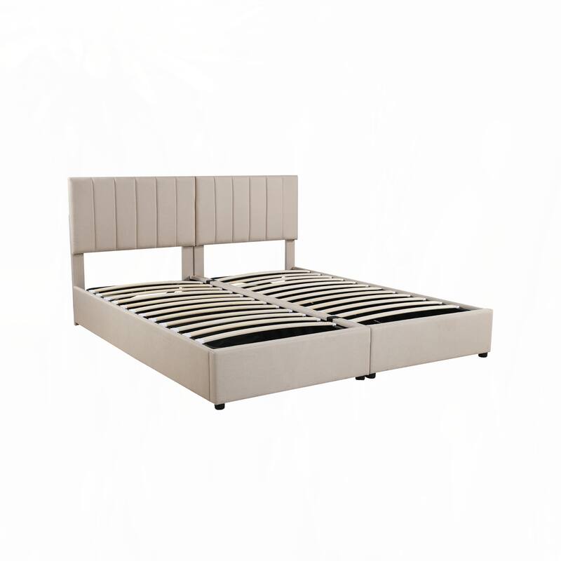 King Size Upholstered Platform Bed with a Hydraulic Storage System, Beige