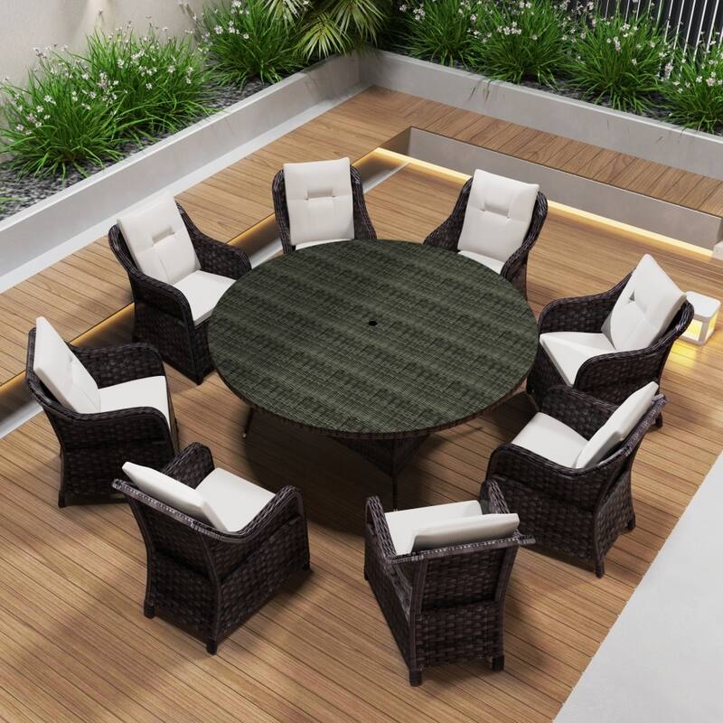 Modern 9-piece Outdoor Dining Table Set with Umbrella Hole & 8 Chairs