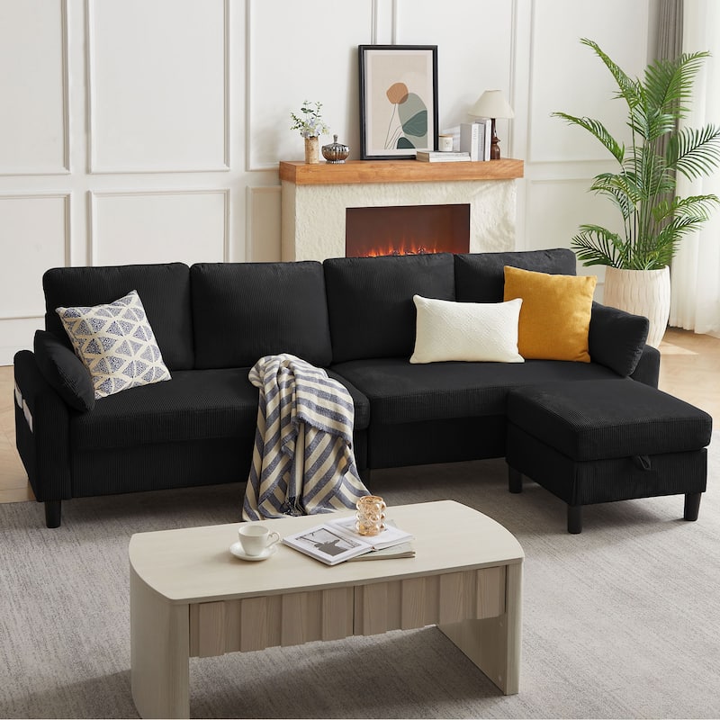 100.79" Corduroy L shaped Pillow Top Arm Sofa With Storage Bag