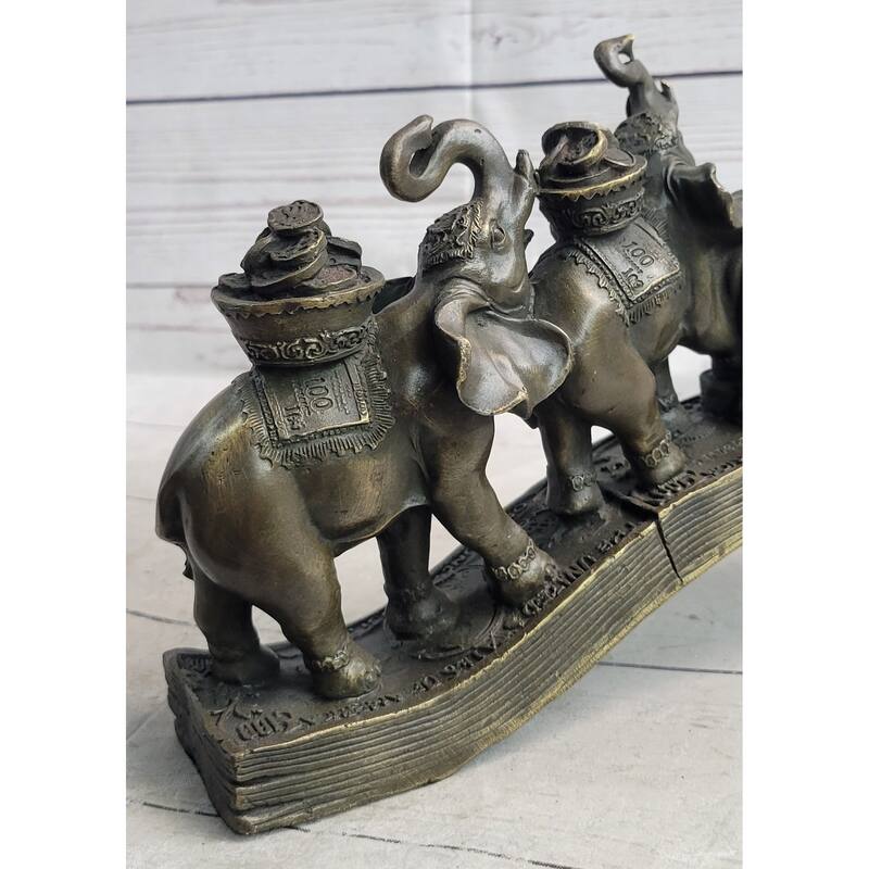 Elephants Crossing Bridge Carrying Money Fortune Lucky Bronze Sculpture Statue Art Decor