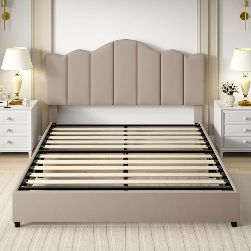 VECELO Platform Bed Frame with Type-C & USB Charging Stations Upholstered Adjustable Headboard Strong Wooden Slats Support