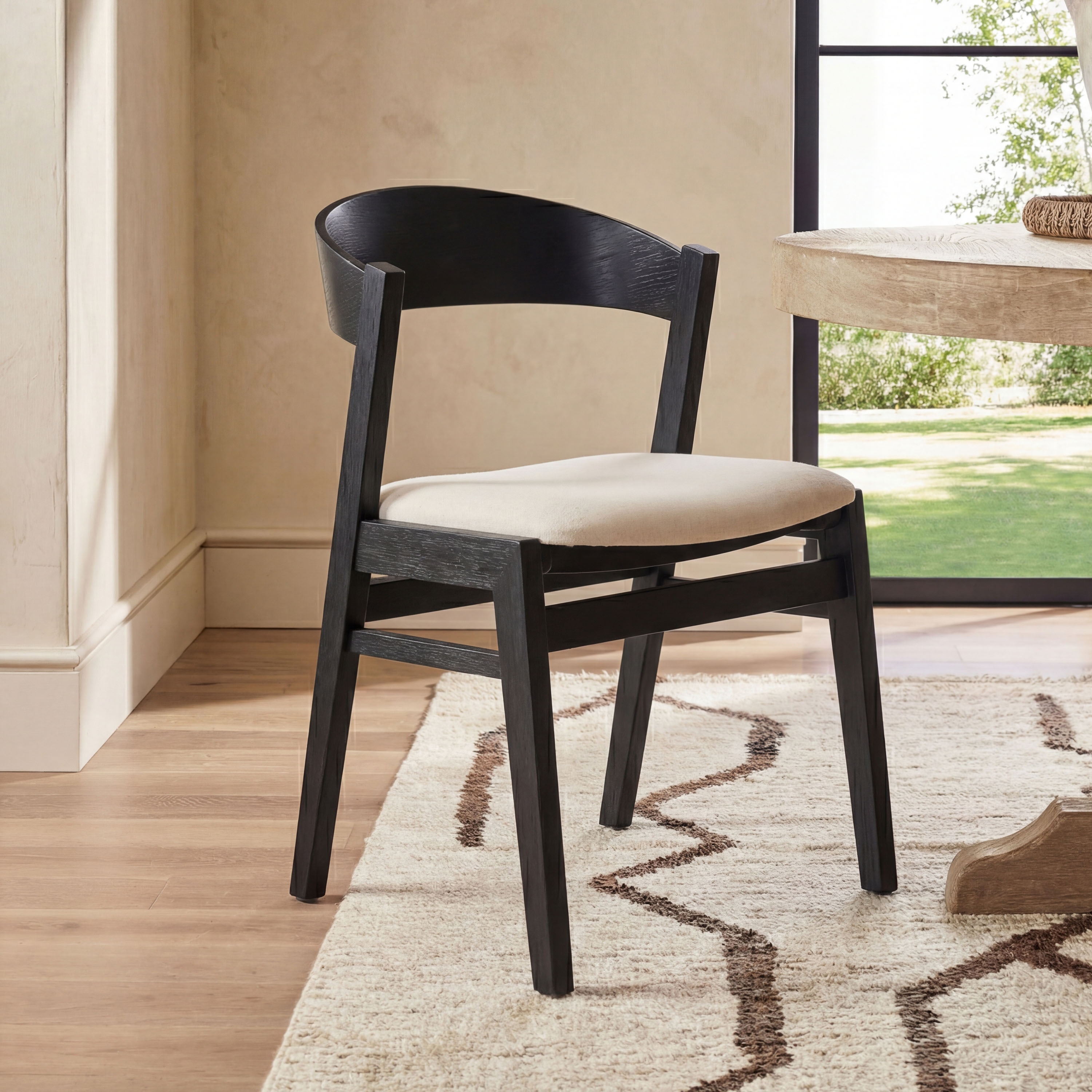 Zia Solid Wood Dining Chair with Upholstered Ivory Fabric Seat, Fully Assembled