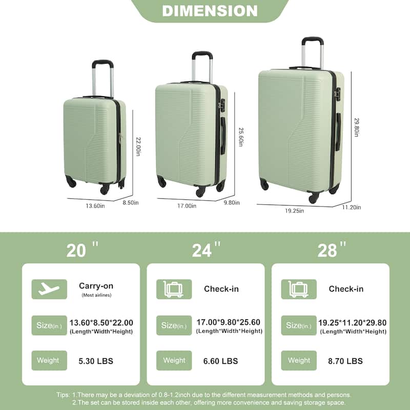 3-Piece Luggage Set ABS Lightweight & Durable Suitcase with Spinner Wheels, TSA Lock, (20/24/28)