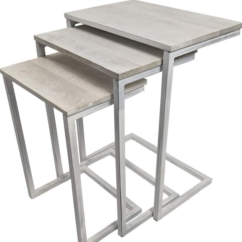 HomeRoots Set of Three Antiqued White Solid Wood and Steel Frame Nested Tables - 12 in. x 23.5 in. x 18 in.