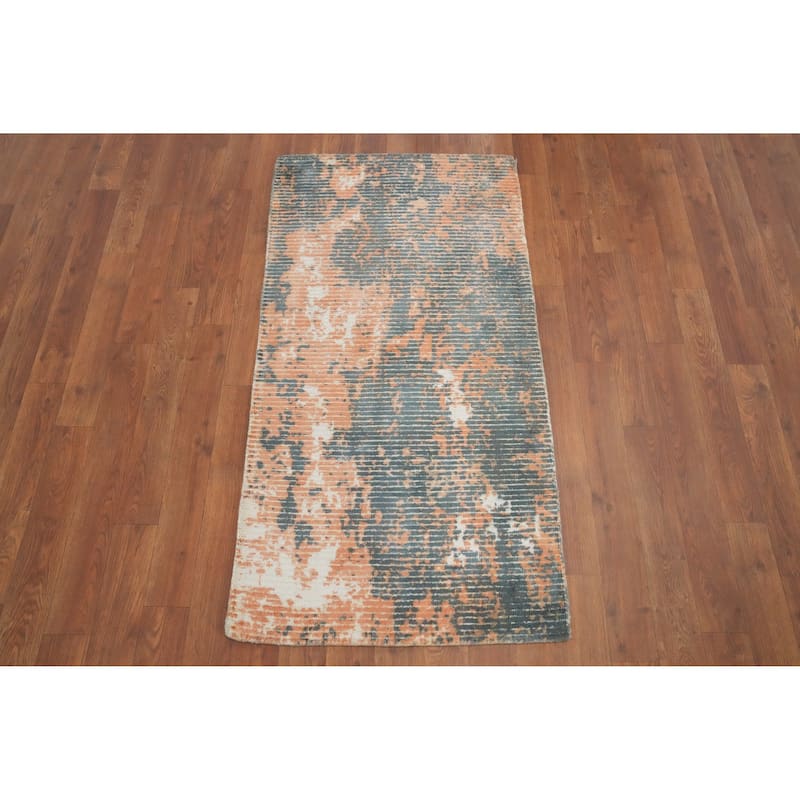 Hand Knotted Oriental Viscose Silk Carpet Modern All-Over Navy Blue & Blues Abstract Area Rug - 4' 0'' X 2' 0''