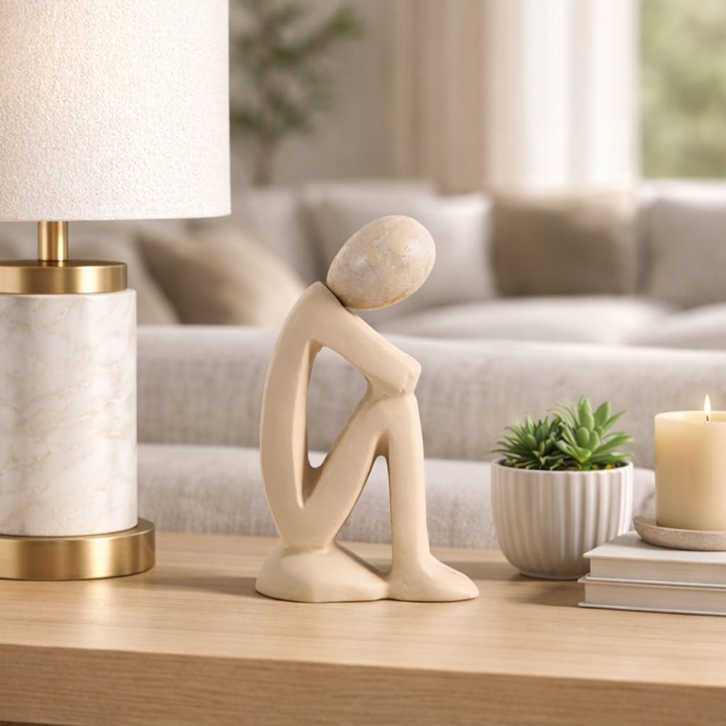 Decorative Sculpture - Ivory Marble Seated Human, 10 in. - 10.0"