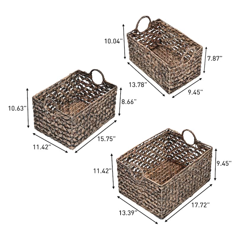 Woven Hyacinth Rectangular Storage Baskets with Handles (Set of 3)