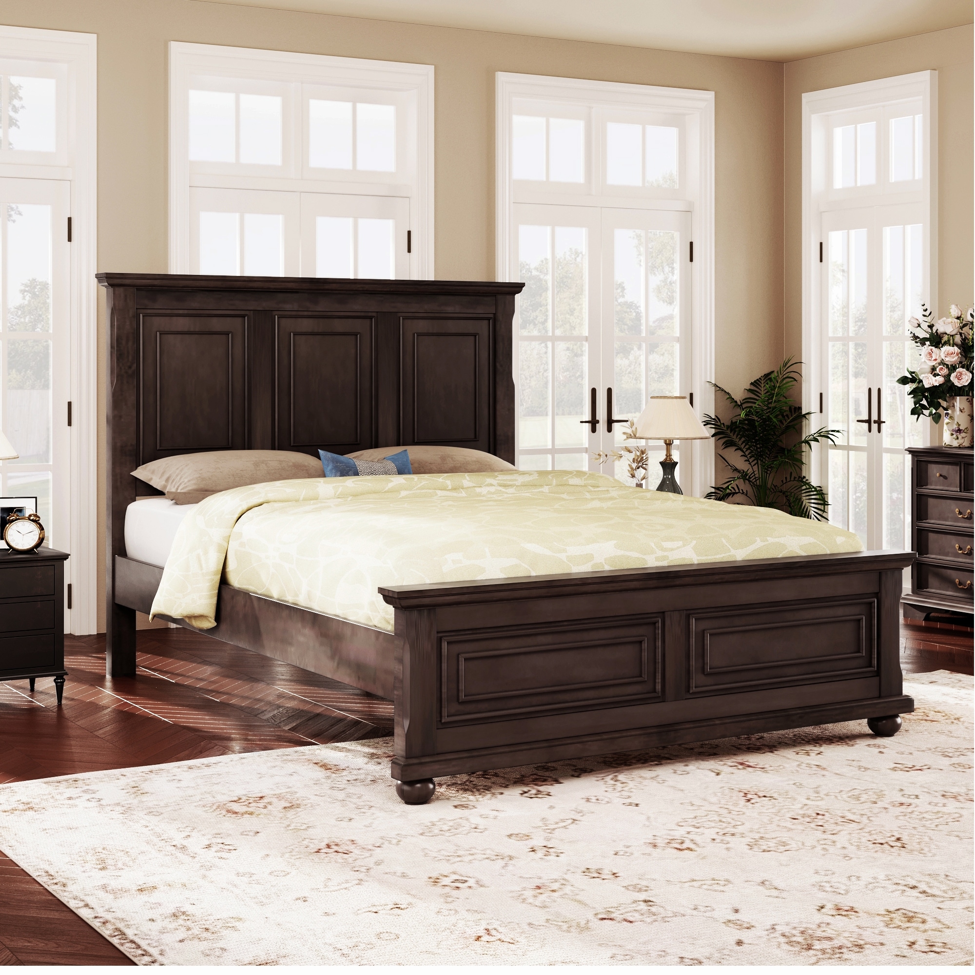 Panel Bed with Elevated Headboard, Fretwork Accents, Pinewood