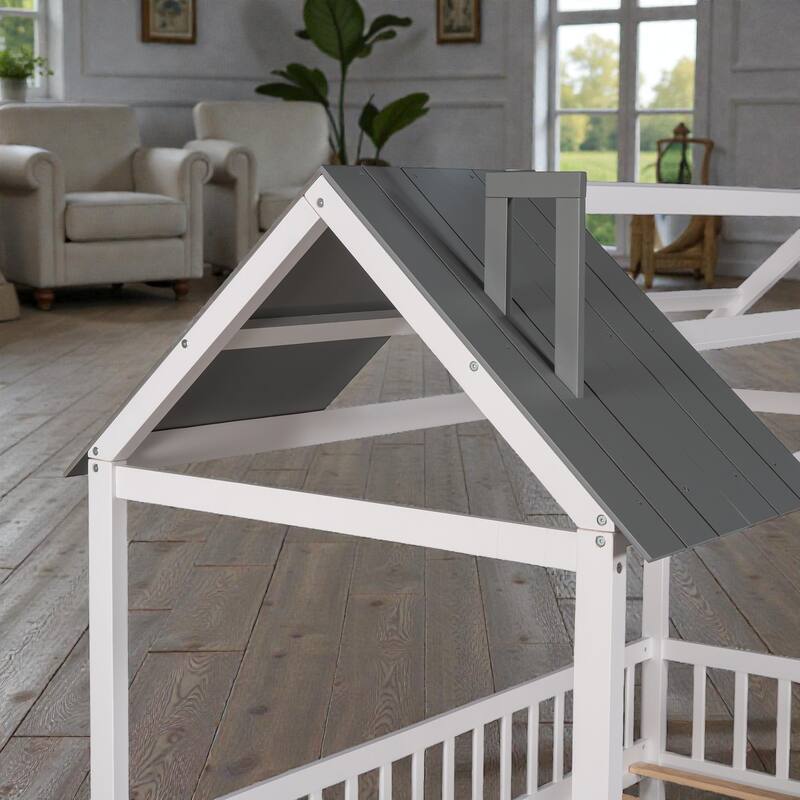 Twin Size Wooden House Bed with Fence, Roof Playhouse Design, Kids Montessori Floor Bed with Safety Rails