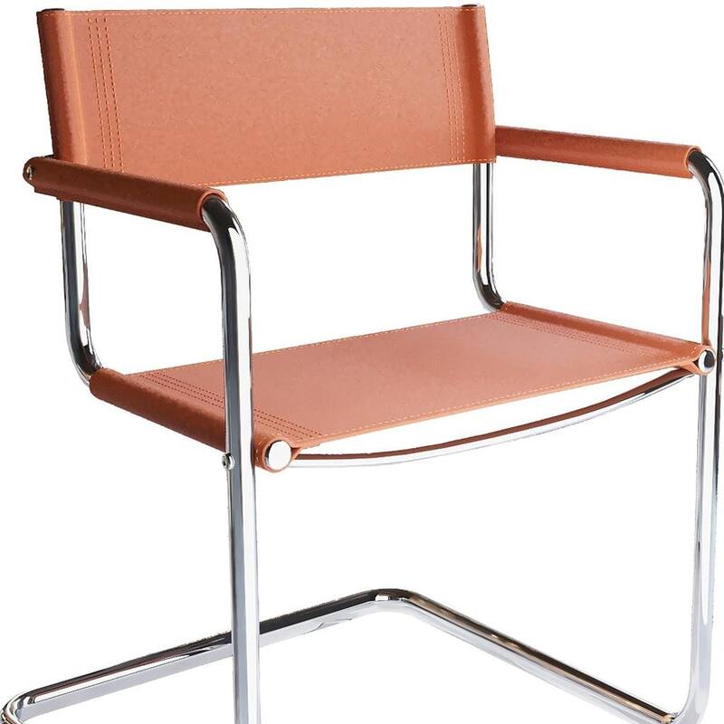 HomeRoots 23" Silver And Terra Cotta Leather and Stainless Steel Arm Chair - 22.95 in. x 31.30 in. x 23.62 in.