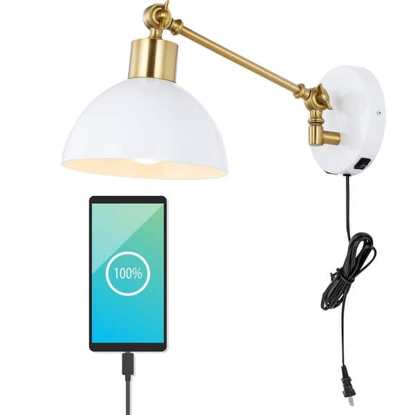 slide 2 of 30, Hygge Swing Arm 1-Light Modern Midcentury Iron USB Charging Port LED Sconce, by JONATHAN Y