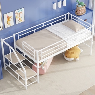 Metal Low Loft Bed with Underneath Play and Storage Spaces for Kids, Metal Loft Bedframe with Staircase and Guardrail