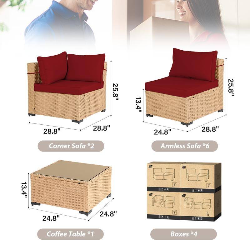 Patio Watcher Patio Conversation Set 9-Piece Yellow Wicker Sectional Seating Group with Cusions