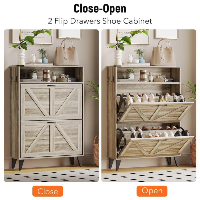 Slim Entryway Shoe Cabinet with 2 Flip Drawers