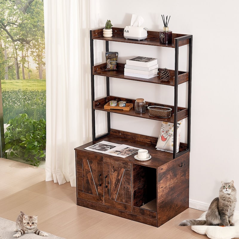 Dark Brown Wooden Cat Litter Box Enclosure Furniture with 3 Shelves and 2 Doors