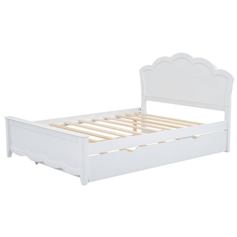 White Full Size Modern Wood Platform Bed with Headboard and Twin Size Trundle for Bedroom