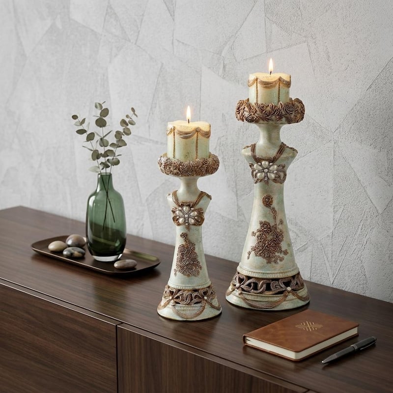 Set of 2 Beige And Brown Vintage Pillar Tabletop Candle Holders - Gold/White