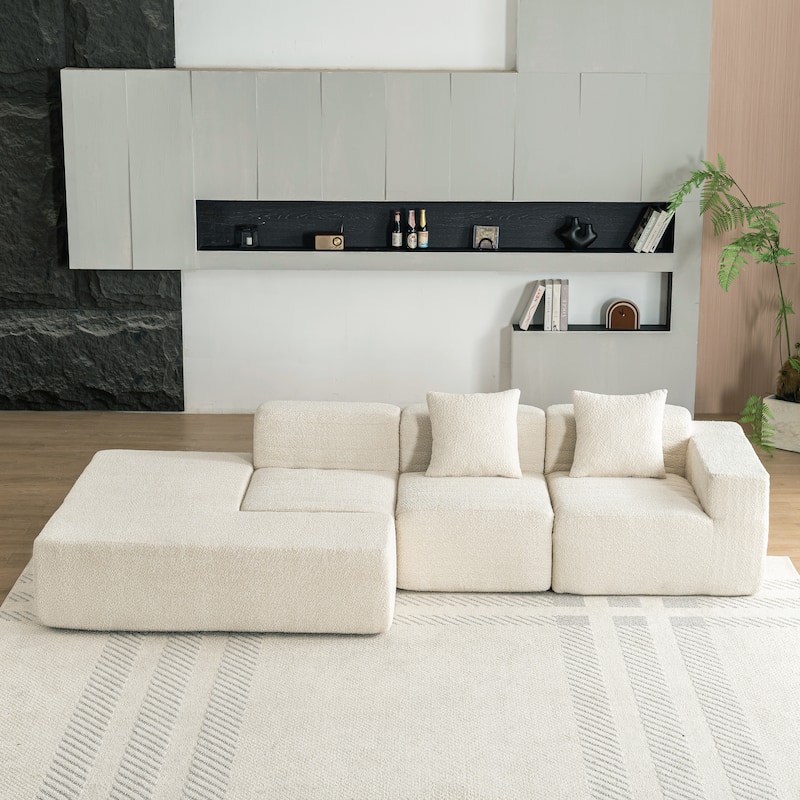 116.5" Versatile 4 Seater Sectional Sofa, Customizable 4-Piece Design with Ultra-Soft Boucle Fabric and Two Back Pillows
