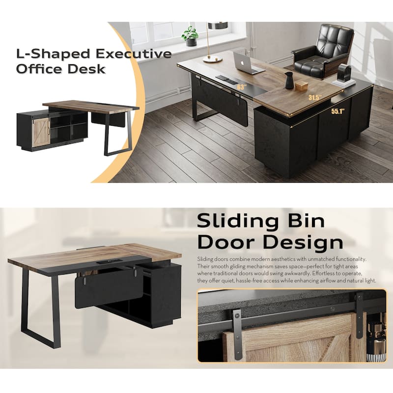 62.99" L-Shaped Executive Desk with Sliding Barn Door Storage Shelves Built-In USB Outlet