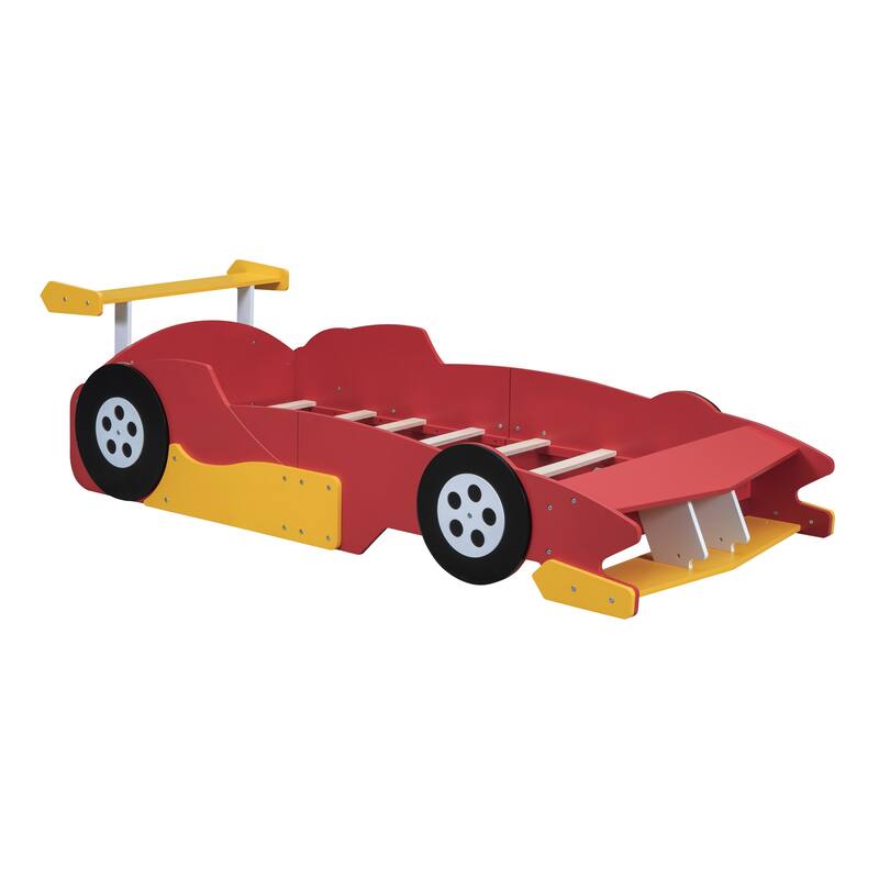 Red Twin Race Car Platform Bed with Wheels