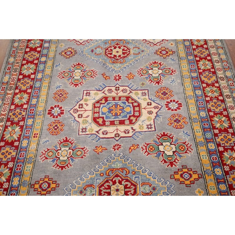 Gray Geometric Kazak Oriental Area Rug Hand-Knotted Wool Carpet - 4'11" x 6'10"