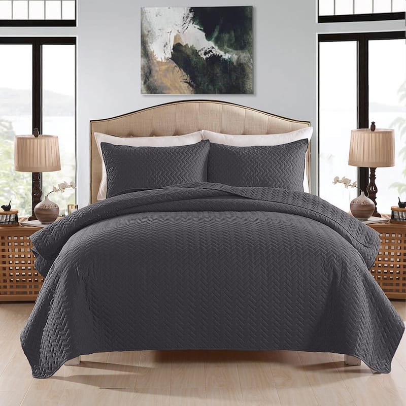 3-piece Fashionable Solid Embossed Quilt Set Bedspread Cover - DGrey basket weave - Queen
