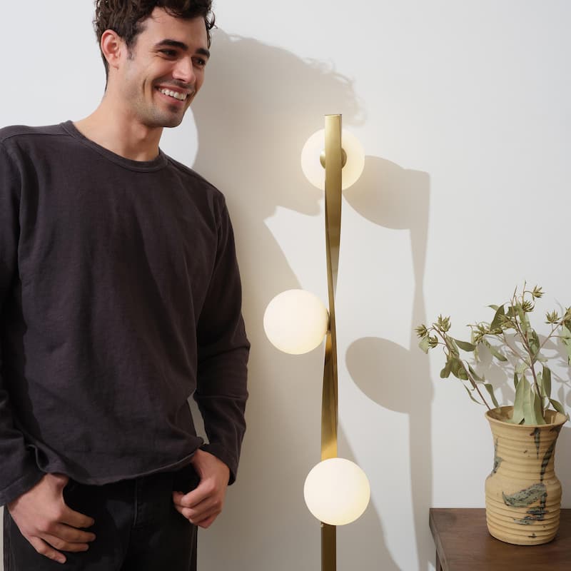 Brightech Nola 60 in. Antique Brass Industrial 3-Light 3-Way Dimming LED Floor Lamp with 3 Frosted White Glass Globe Shades